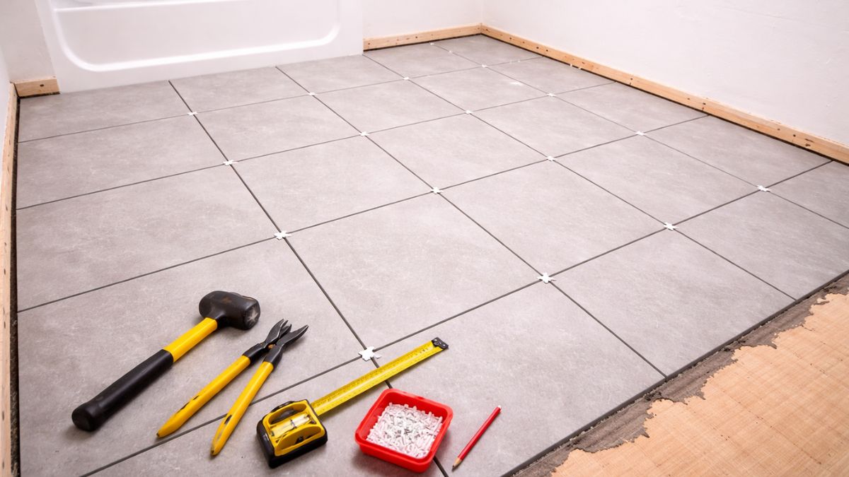 Tiles dry laid across bathroom floor with spacers showing layout pattern