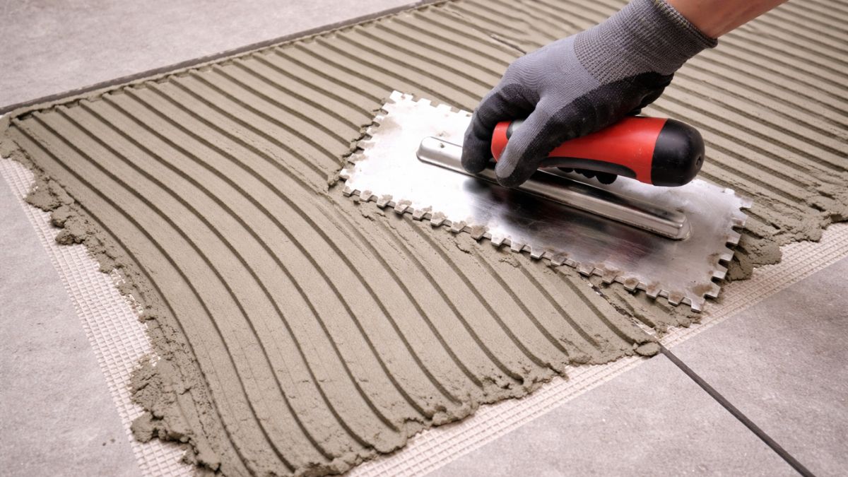 Notched trowel spreading thinset mortar on bathroom backer board
