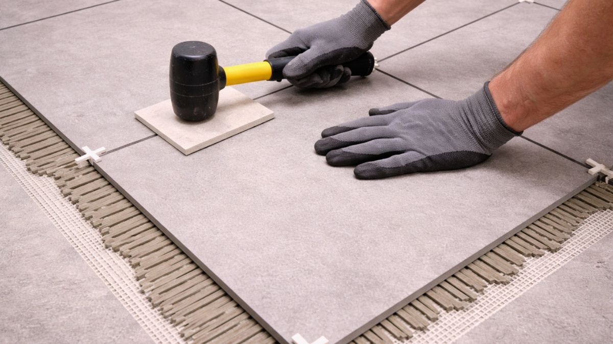 Tiles being set on bathroom floor with spacers and rubber mallet