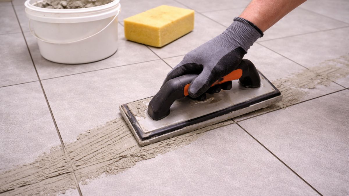 Rubber grout float applying grout to tiled bathroom floor joints