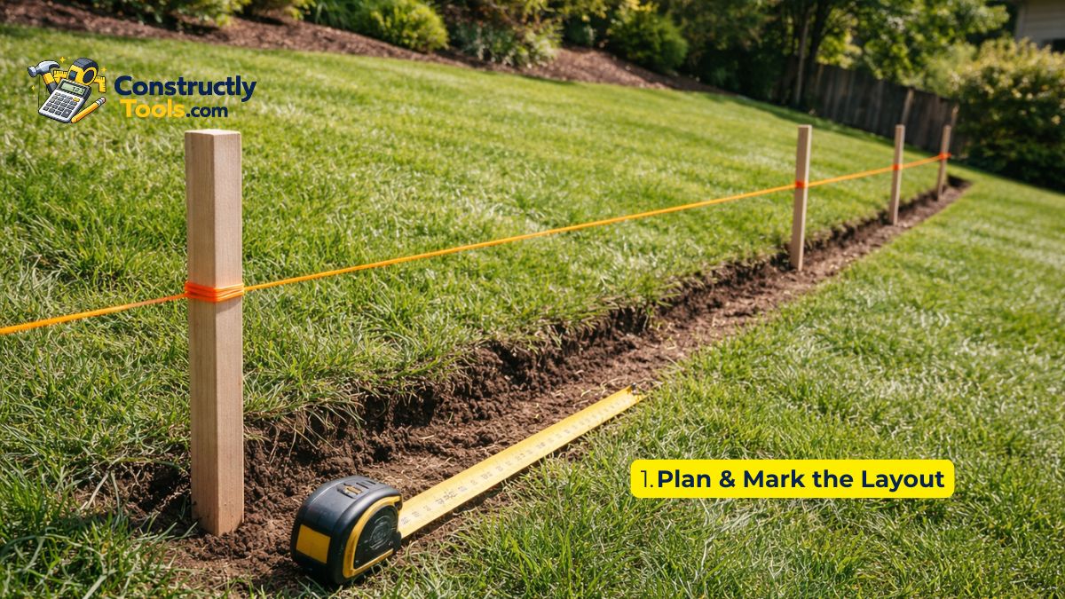 Stakes and string line marking the retaining wall layout on a slope