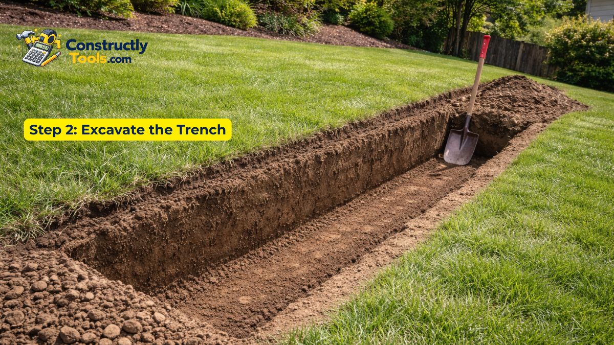 Excavated trench for retaining wall base