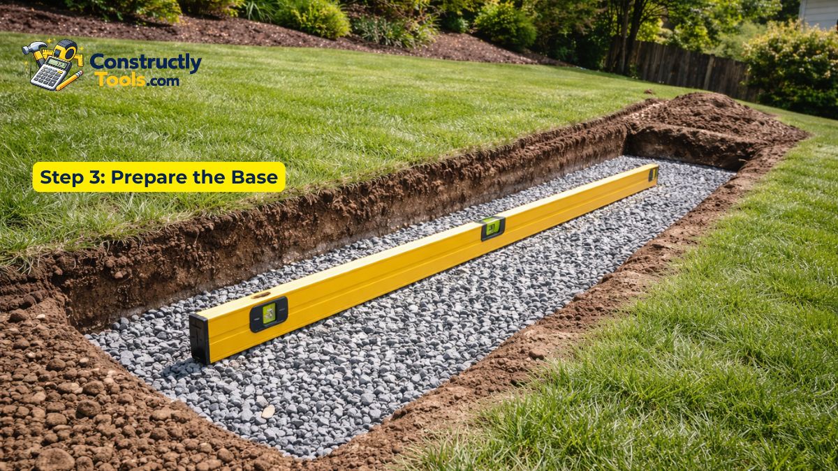 Compacted gravel base in retaining wall trench
