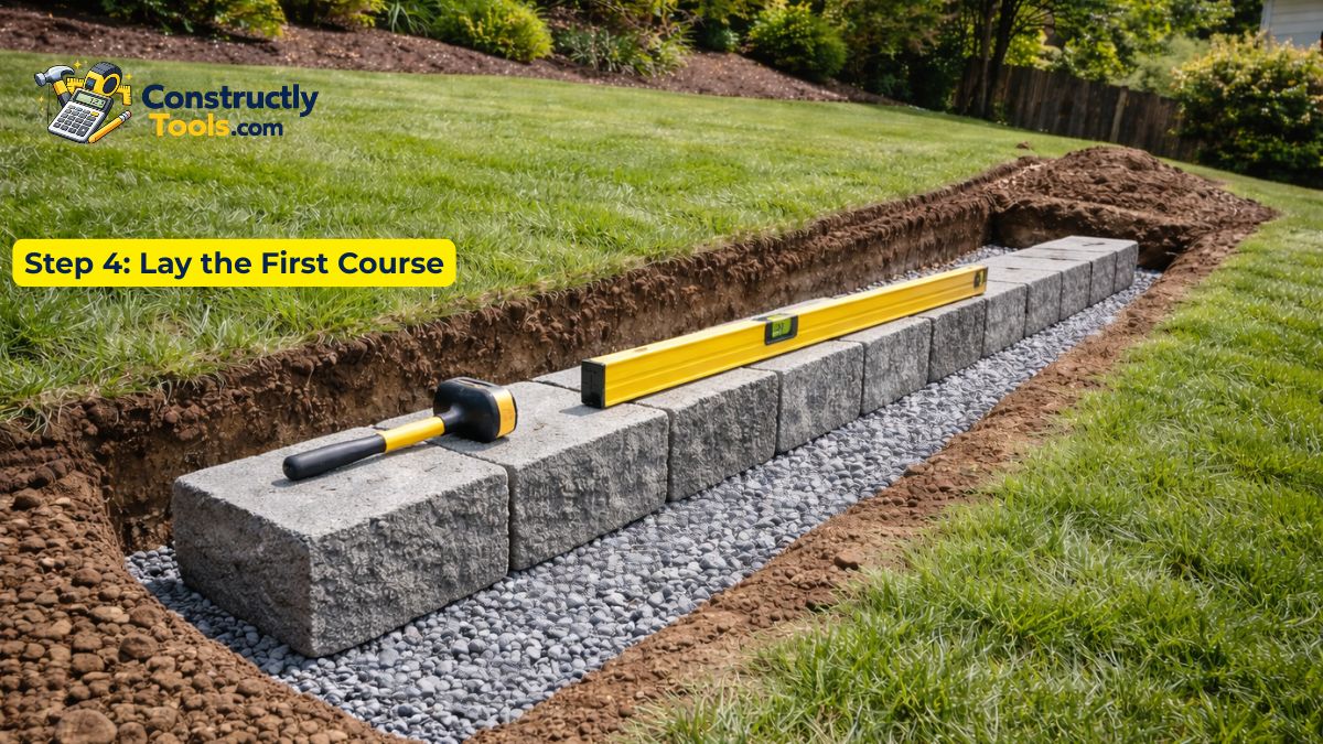 First course of concrete blocks laid in trench