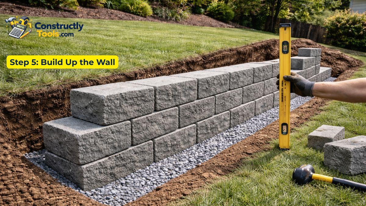 Retaining wall blocks being stacked in running bond