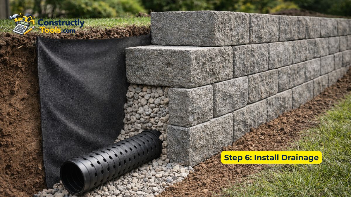 Drainage pipe and gravel layer behind retaining wall