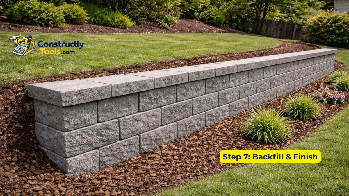 Completed retaining wall with cap blocks installed