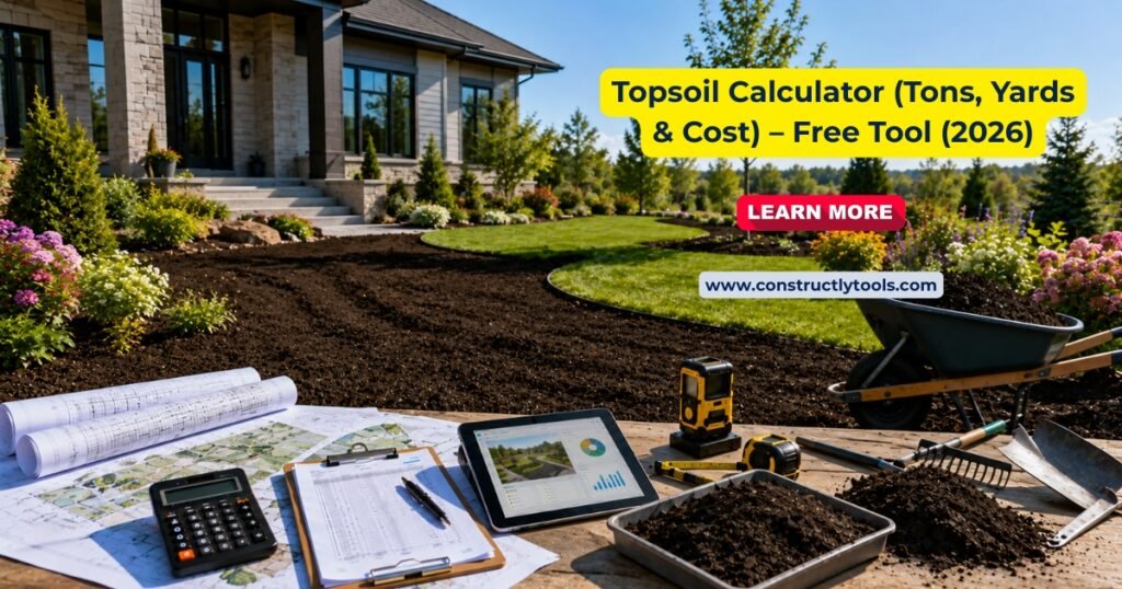 Topsoil Calculator (Tons, Yards & Cost) – Free Tool (2026)