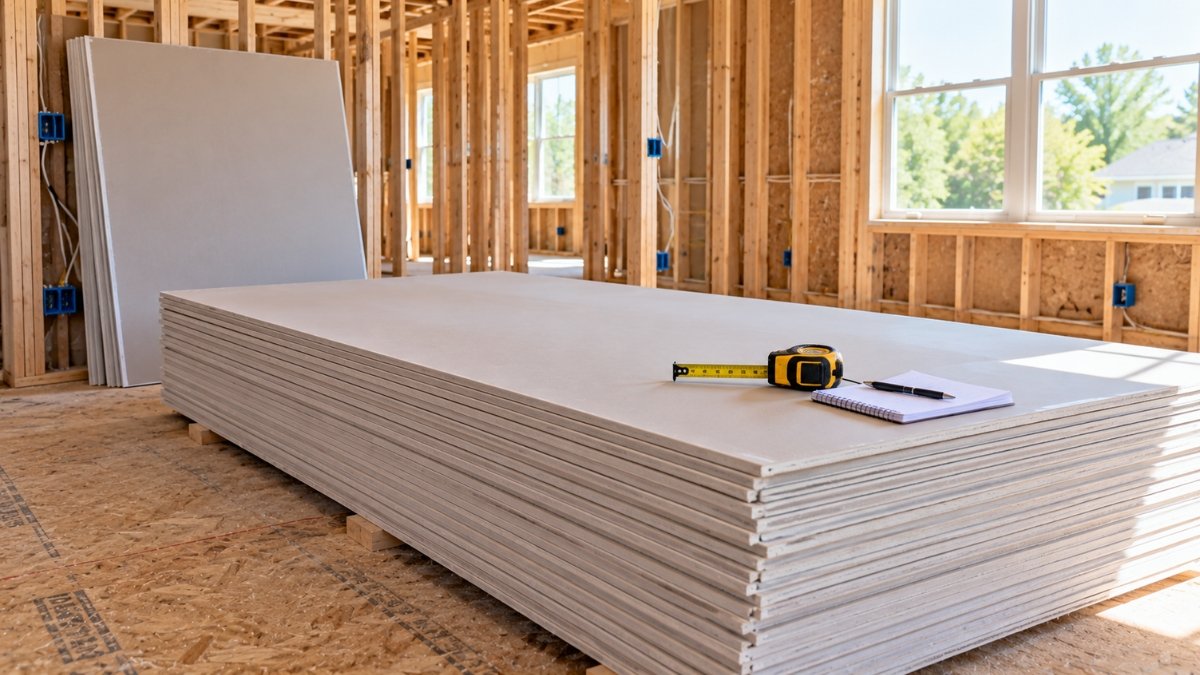 Drywall sheets stacked flat in a framed room next to a tape measure and planning notes before installation