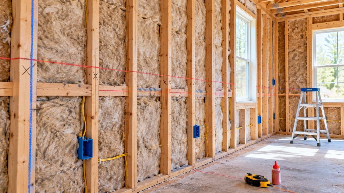 Bare wood wall framing with insulation installed and chalk lines snapped across the studs, ready for drywall