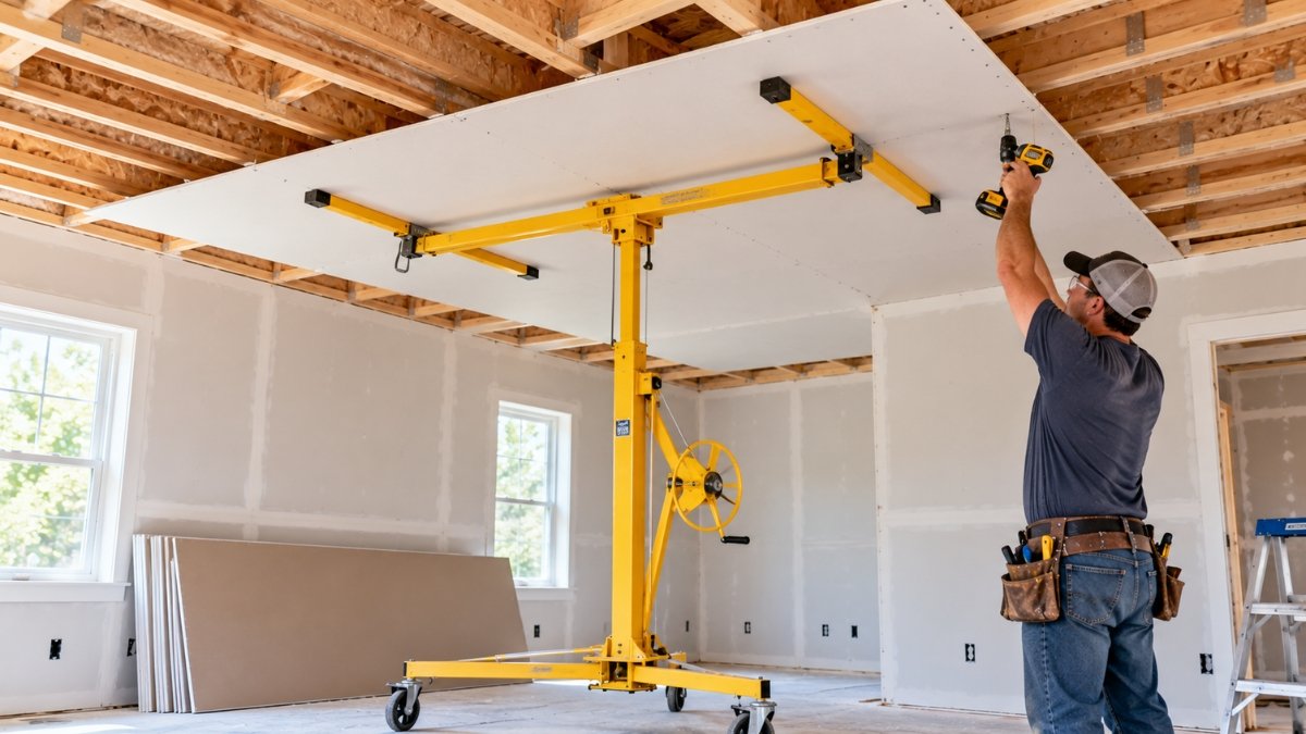 Drywall ceiling sheet raised into place on a rented drywall lift while screws are driven into the ceiling joists