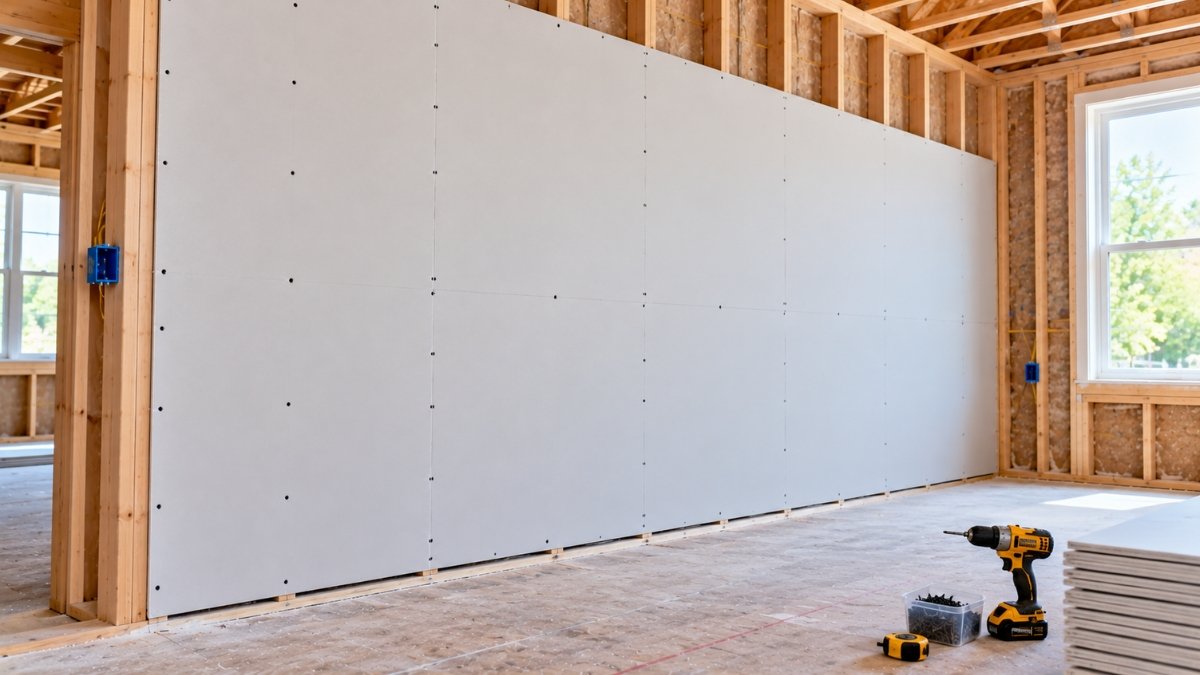 Drywall sheet hung horizontally on wall studs with screws set evenly along the studs and a small gap left at the floor