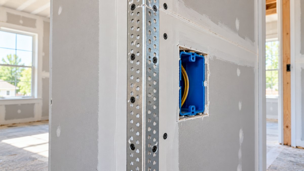 Metal corner bead fastened to an outside drywall corner next to a neatly cut electrical box opening