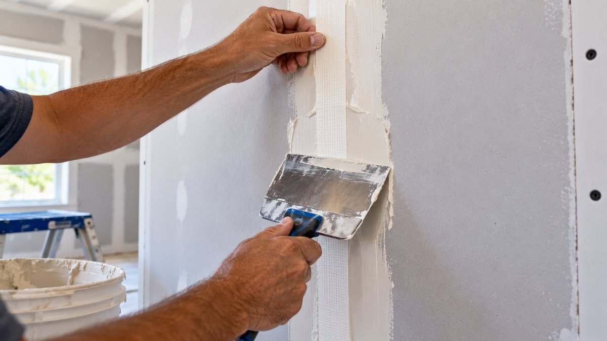 Paper drywall tape being pressed into wet joint compound along a wall seam with a six-inch taping knife