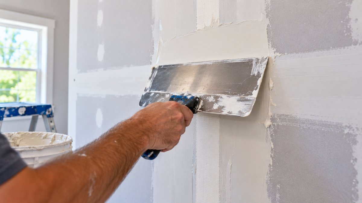 Ten-inch drywall knife spreading a smooth second coat of joint compound wider over a taped seam