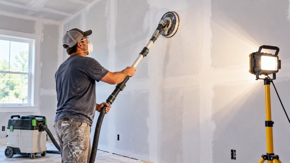 Pole sander smoothing a dry finish coat of joint compound on a drywall wall while a work light checks the surface