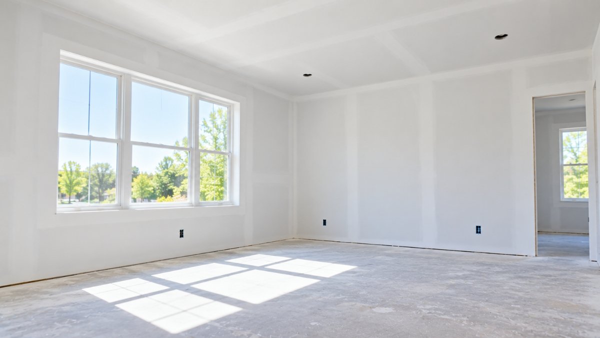 Smooth primed drywall walls and ceiling in a finished room, ready for paint