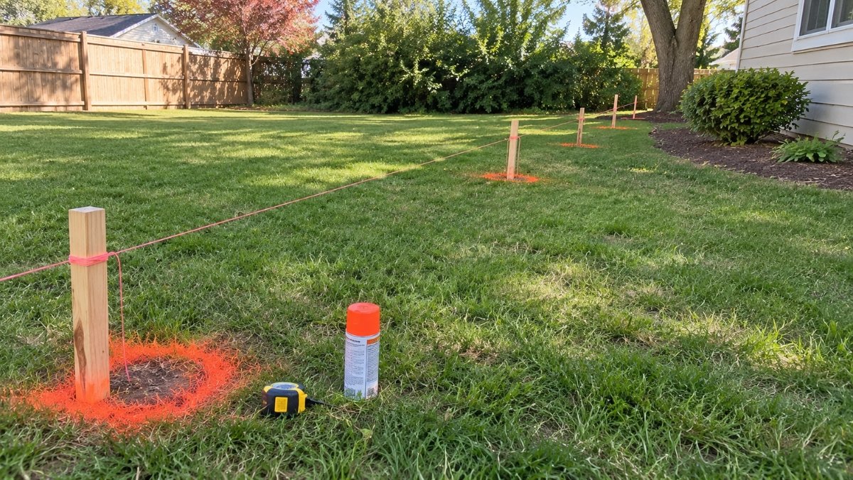 Backyard chain link fence layout with stakes and string line marking the fence line and post locations