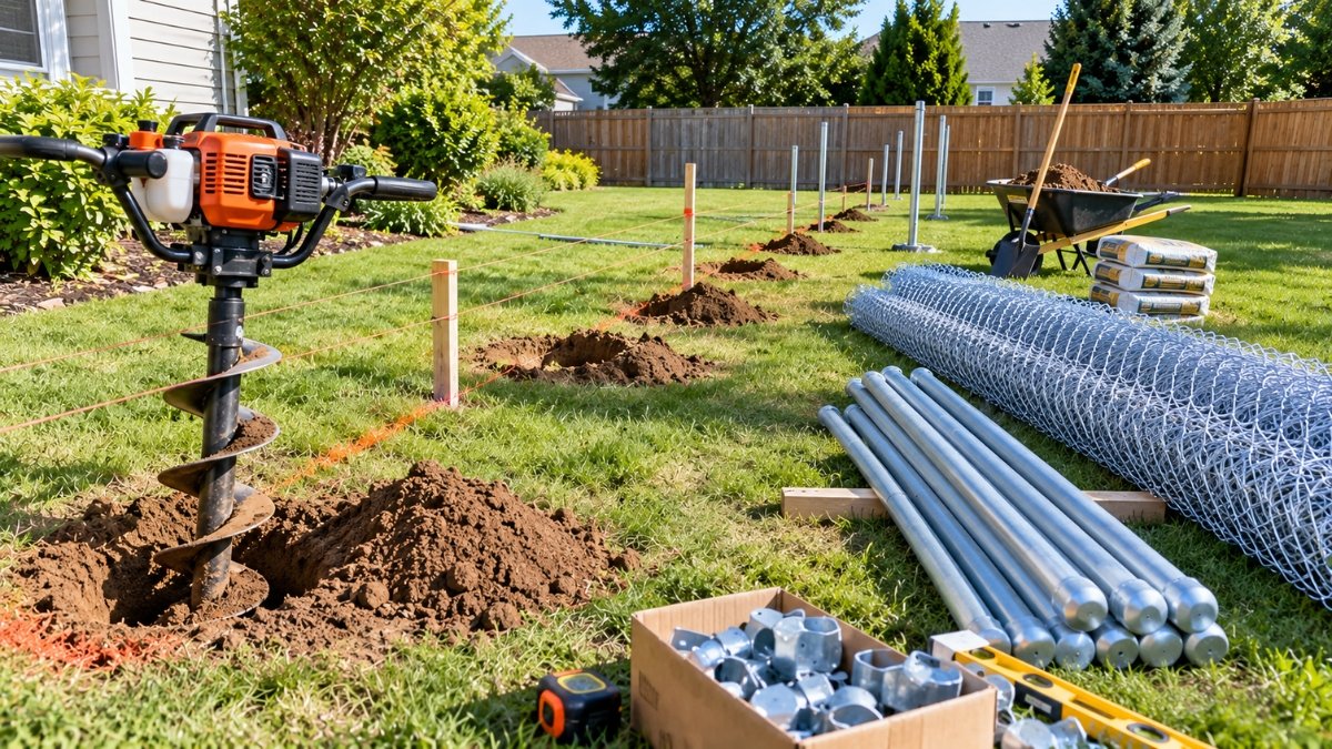 Post holes being dug along a chain link fence line with a power auger, materials staged nearby