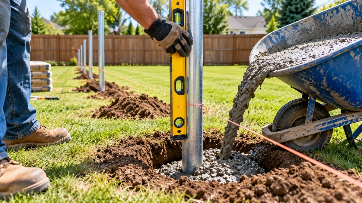 Chain link fence post being held plumb with a level while concrete is poured into the hole around it