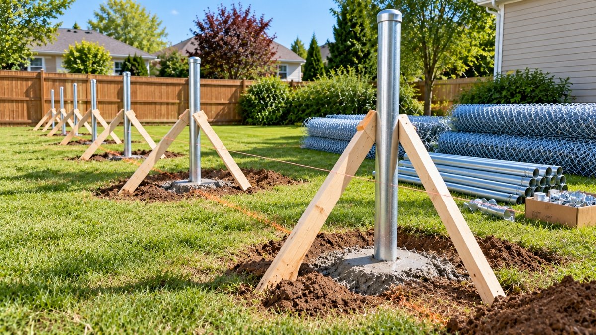 Row of chain link fence posts set in concrete with diagonal braces, materials staged nearby for later steps