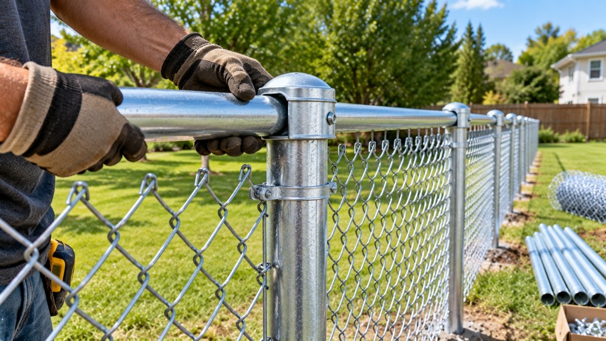 Top rail sections being installed through line post caps along a chain link fence line