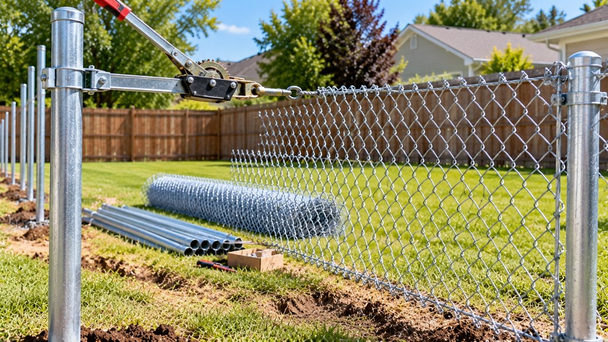 Chain link fabric being stretched taut between two fence posts using a come-along stretching tool