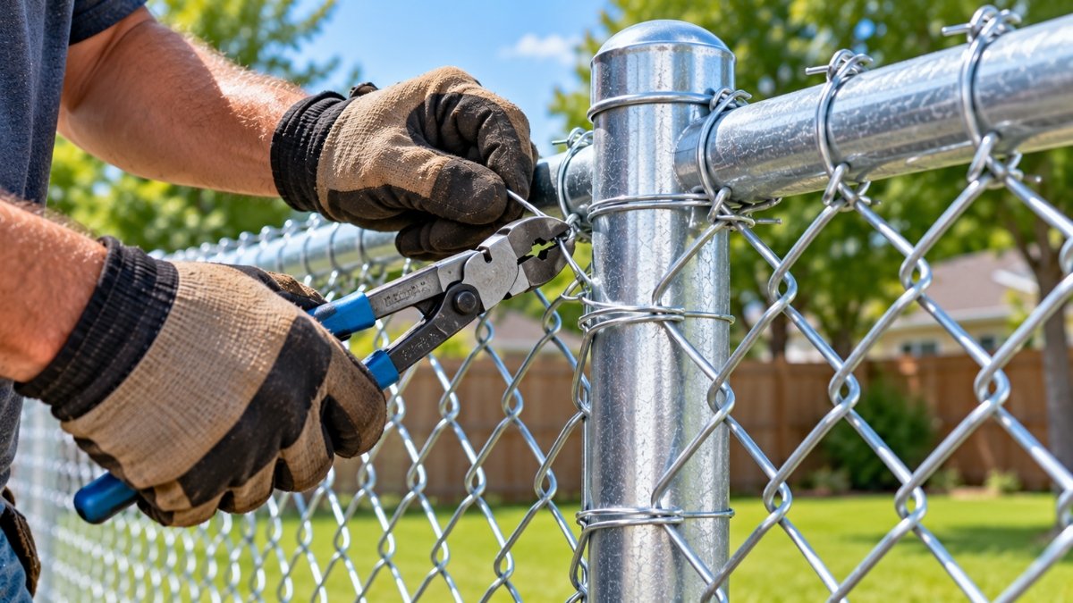 Chain link fabric being tied to a line post and top rail with tie wires using fence pliers