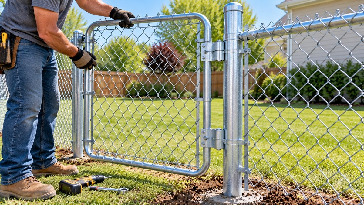 Chain link walk gate being hung on hinges attached to a gate post, worker checking level and swing clearance