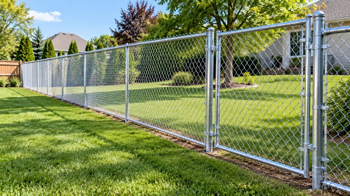 Completed chain link fence with stretched fabric, gate closed and latched, backyard setting