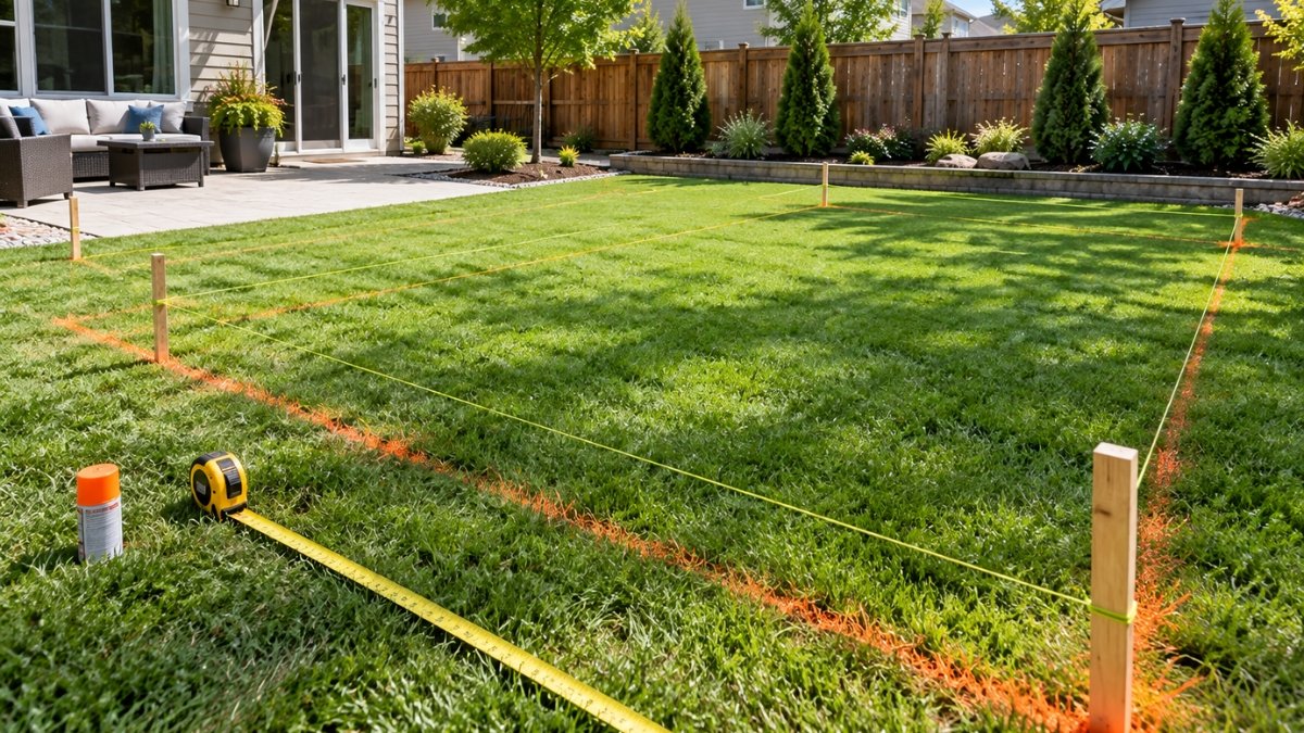 Backyard lawn area marked with stakes and string line for turf installation, tape measure and spray paint marking the perimeter