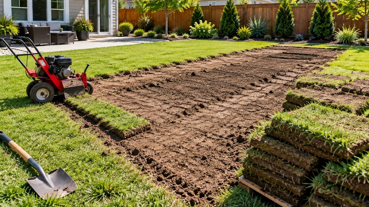 Backyard lawn with sod removed and soil excavated for artificial turf base, sod cutter and removed sod piled nearby