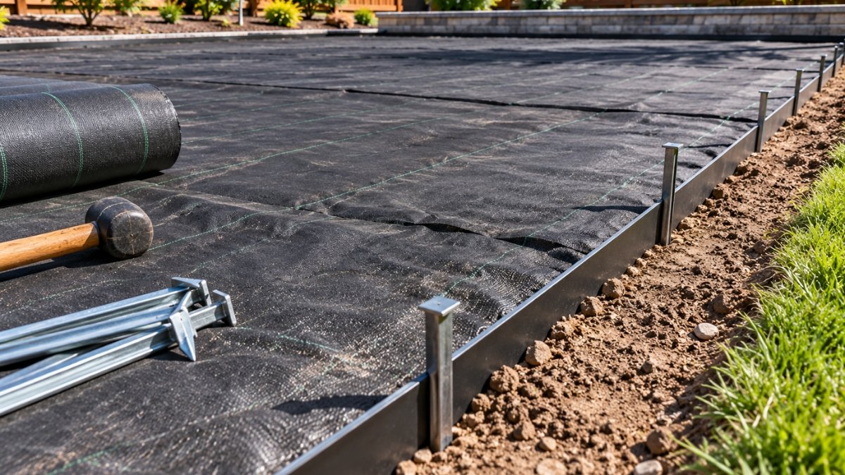 Weed barrier fabric and metal edging installed around the perimeter of a backyard turf installation area