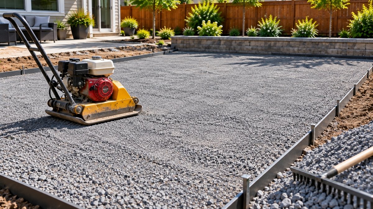 Crushed rock base being compacted with a plate compactor machine for an artificial turf installation