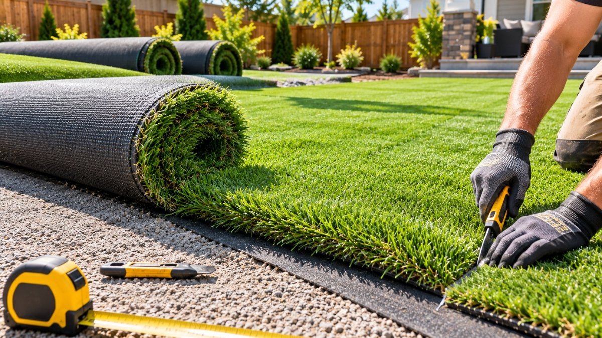 Artificial turf roll being unrolled and trimmed to fit a backyard installation area