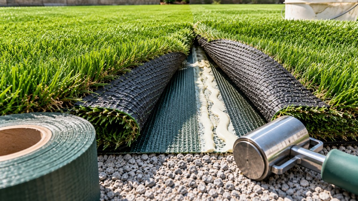Two artificial turf edges being joined together at a seam with tape and adhesive underneath