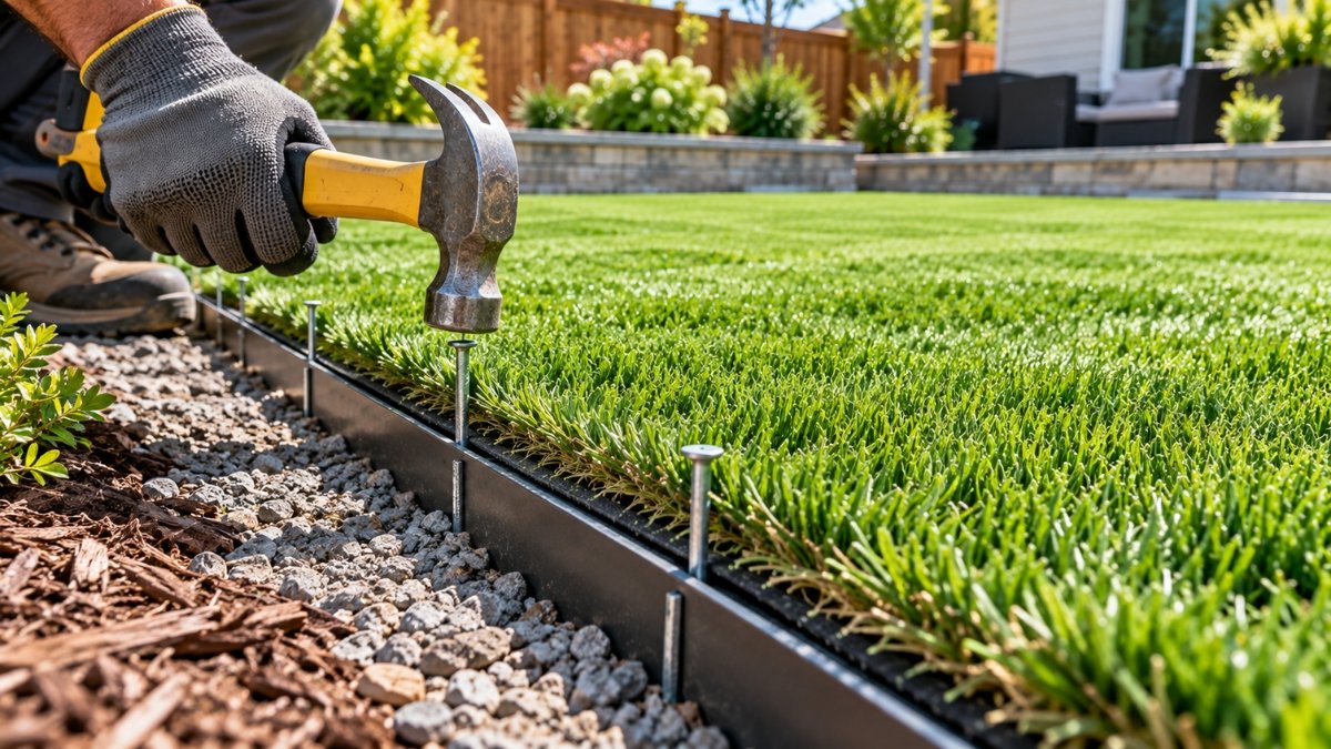 Artificial turf perimeter being fastened with nails along the edging of a backyard installation