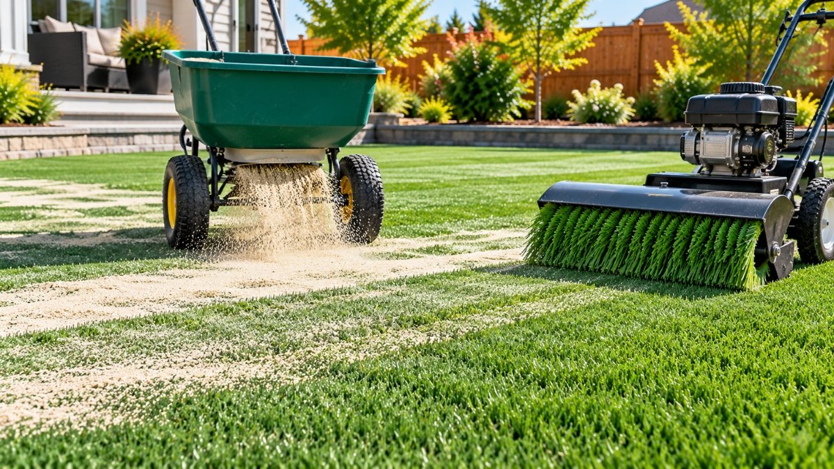 Infill being spread across artificial turf with a drop spreader and brushed upright with a power broom