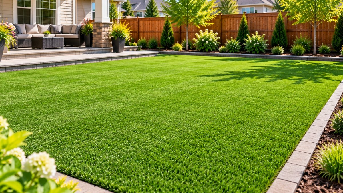 Completed artificial turf lawn installation with clean edges in a backyard setting
