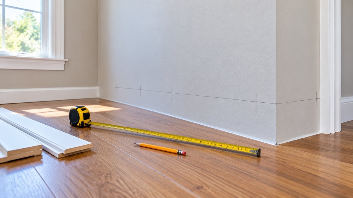 Room with tape measure and pencil marks planning baseboard trim layout along the walls