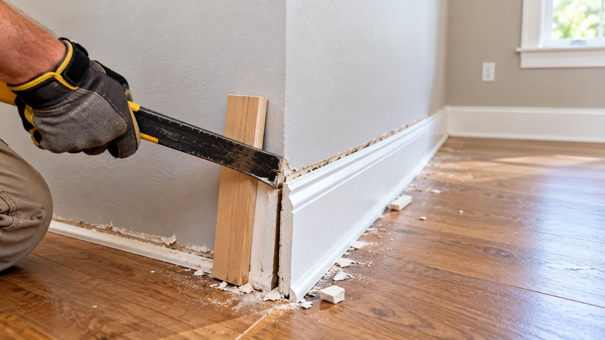 Old baseboard trim being carefully pried away from a wall with a flat pry bar and wood scrap for protection