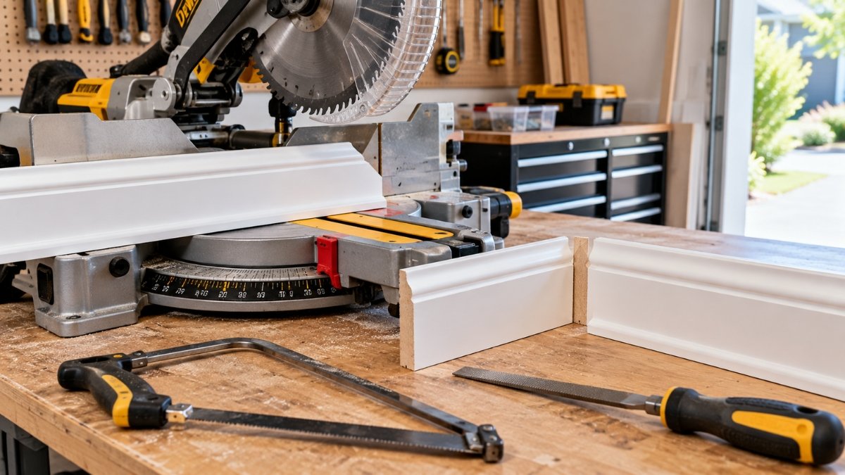 Baseboard trim piece being cut on a miter saw for a corner joint, coping saw and file nearby for inside corner work