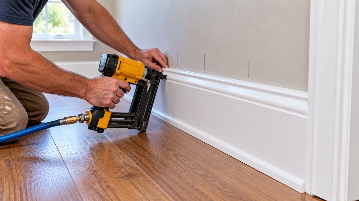 Baseboard trim being nailed into place along a wall with a finish nailer, stud marks visible in pencil