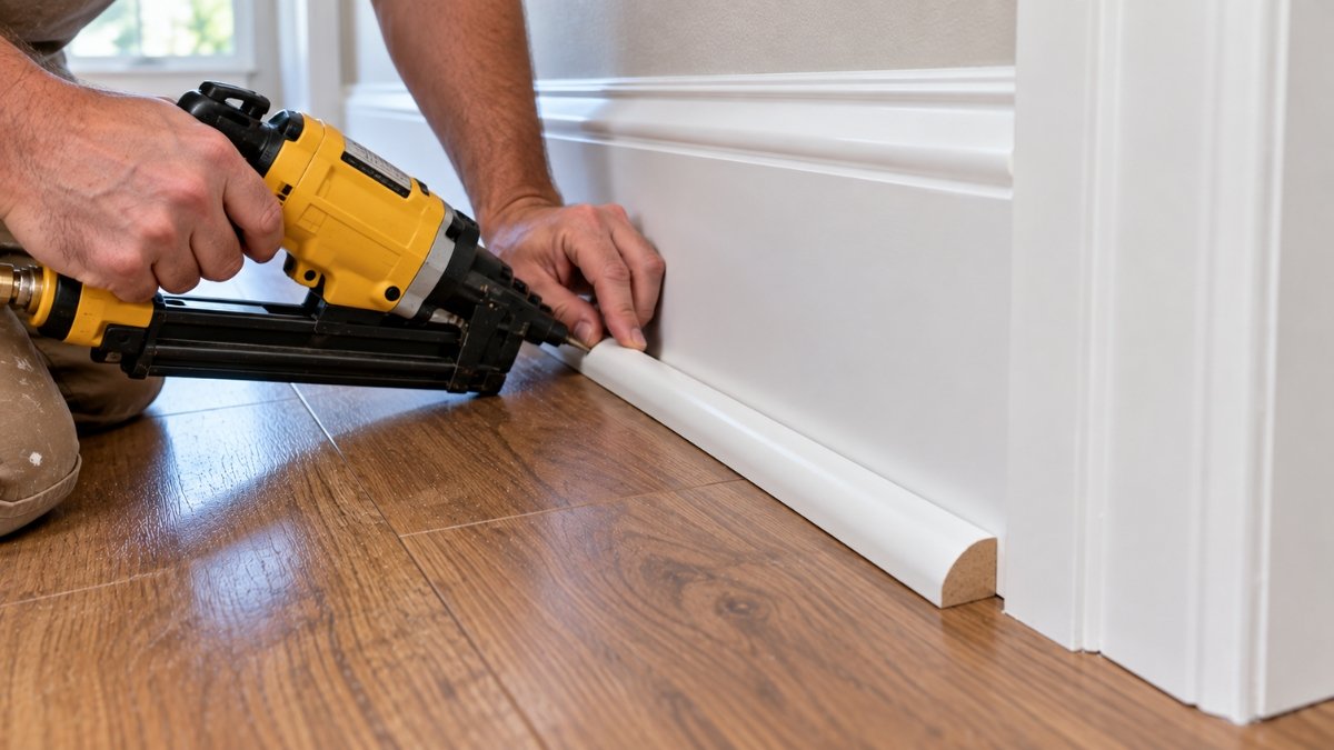 Quarter round shoe molding being installed along the bottom edge of baseboard trim where it meets the flooring