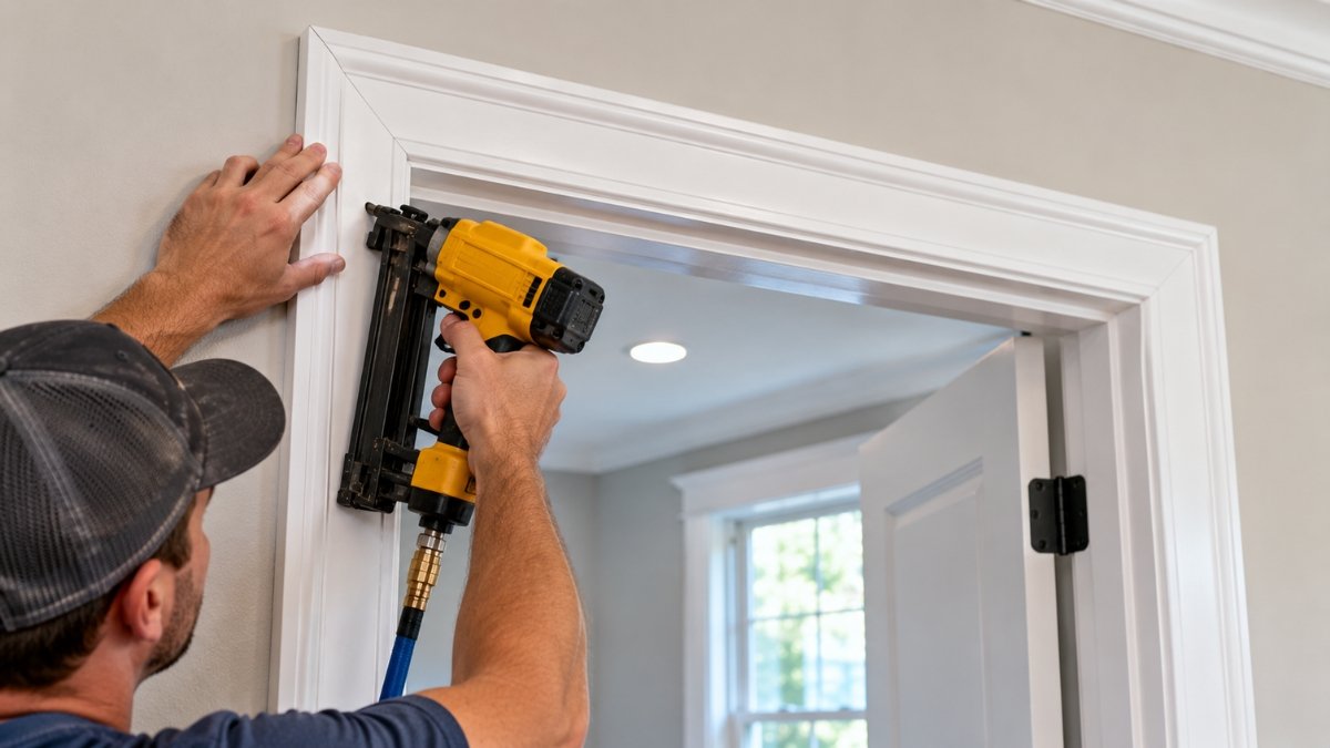Door casing being installed around a door frame with mitered corners at the top