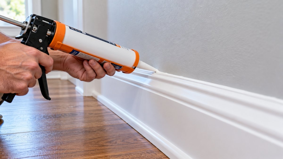Caulk being applied along the top seam of baseboard trim where it meets the wall