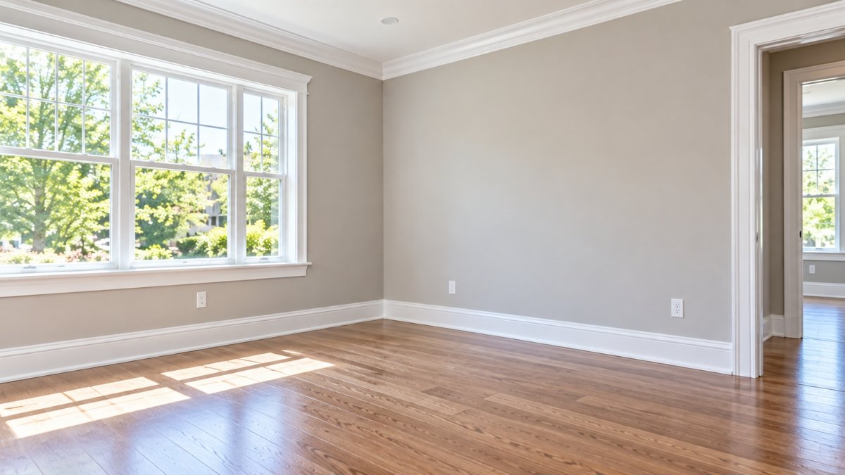 Finished, freshly painted baseboard trim installed cleanly along the walls of a room