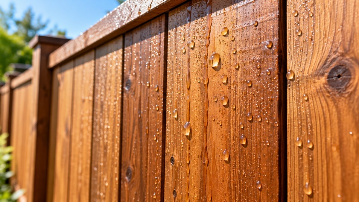 Water being sprinkled on a wood fence board to test whether the wood is dry enough to stain