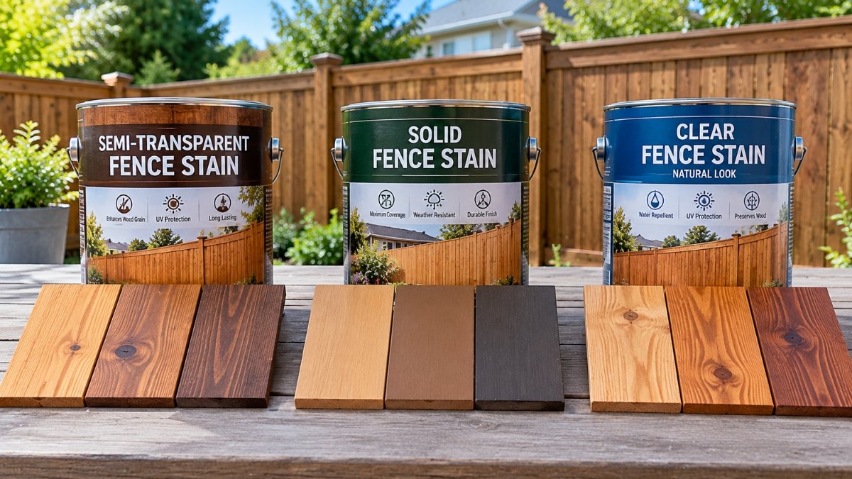 Cans of semi-transparent, solid, and clear fence stain lined up with small stained wood sample boards in front of them