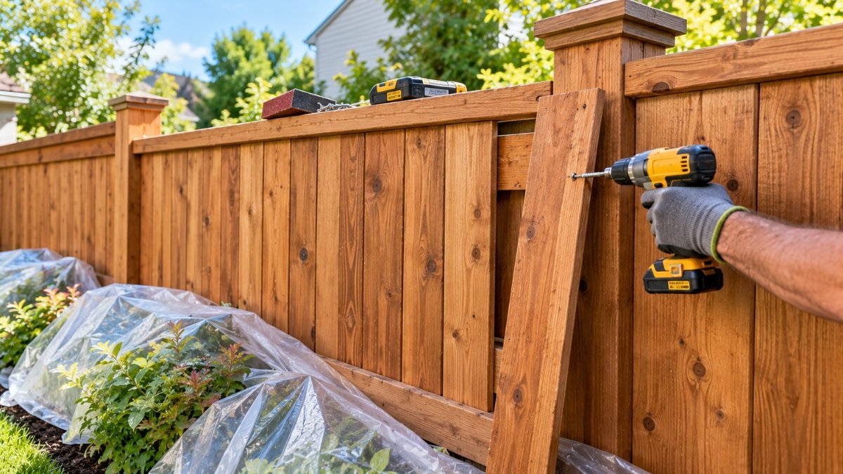 Worker repairing a loose fence board with a screw and sanding a rough spot before staining, plastic sheeting covering plants nearby